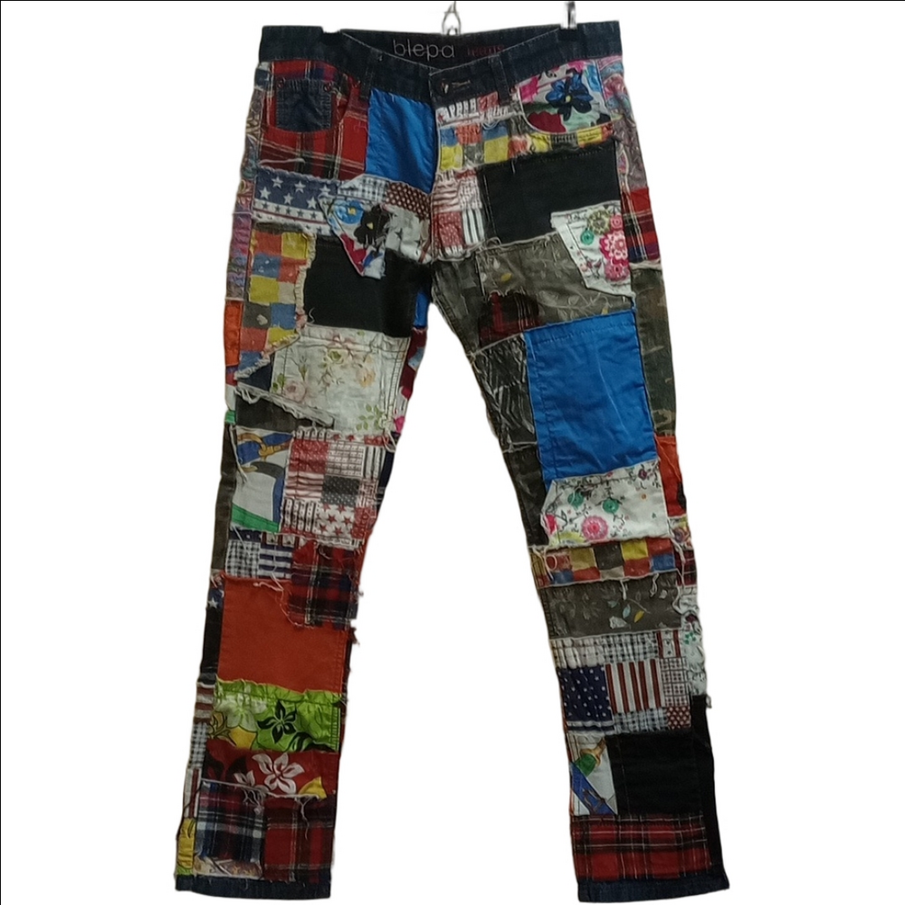 BIEPA MULTICOLORED MEN'S STRAIGHT JEANS WITH DIFFERENT FABRICS PATCHWORK ART - Picture 3 of 16